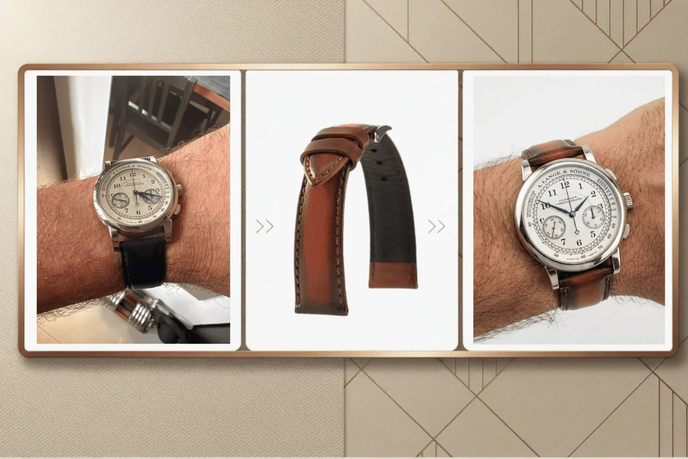 Comparatif virtuel bracelet montre cuir marron et noir sur poignet, outil essayage en ligne