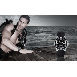 Horlogeband van rubber M107 - Rubber B - zwart met oranje lijn