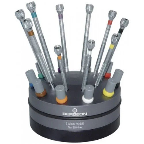Socle tournant avec 10 tournevis d'horloger Bergeon en laiton chromé, avec  - outil horloger