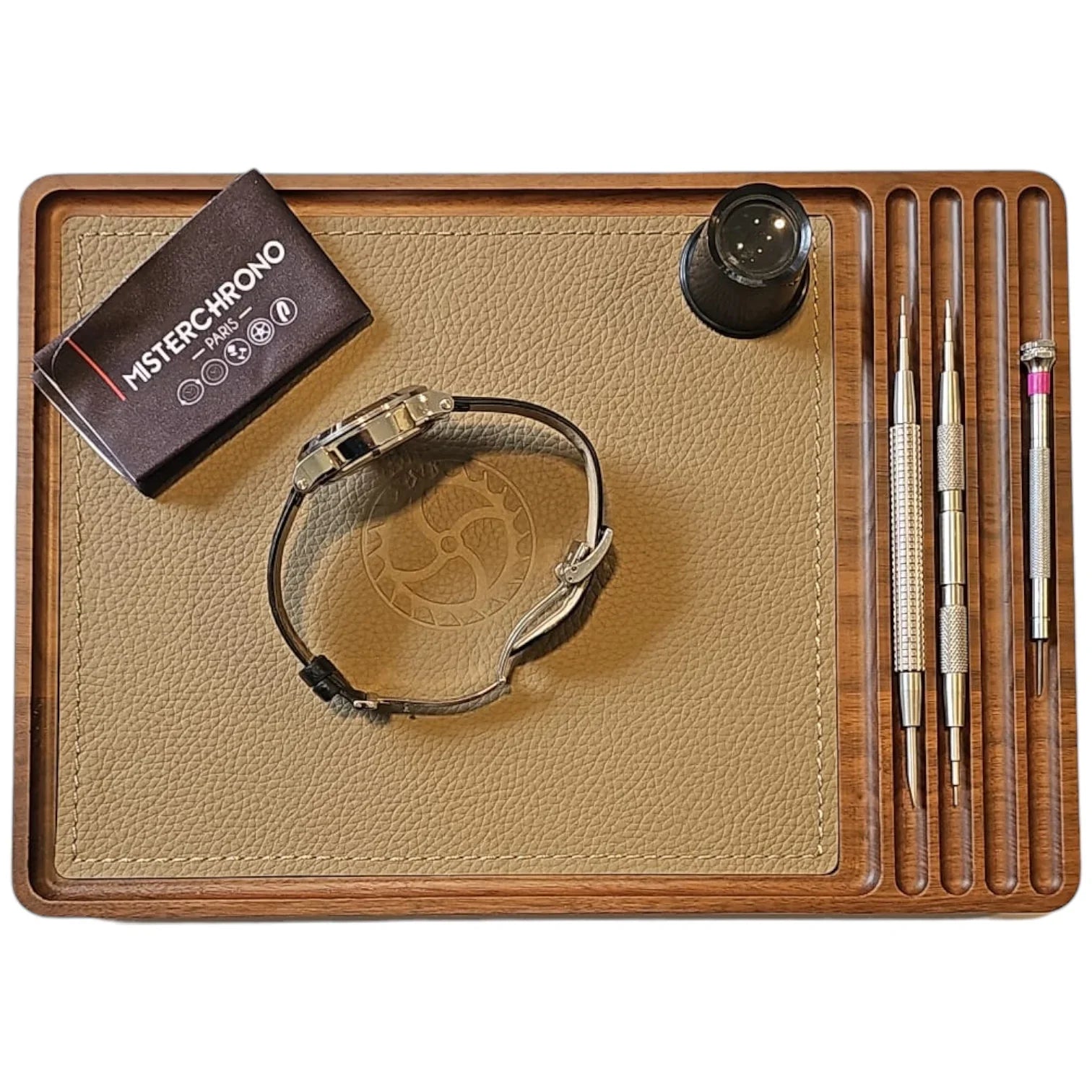 Plateau en noyer et cuir - accessoire montre
