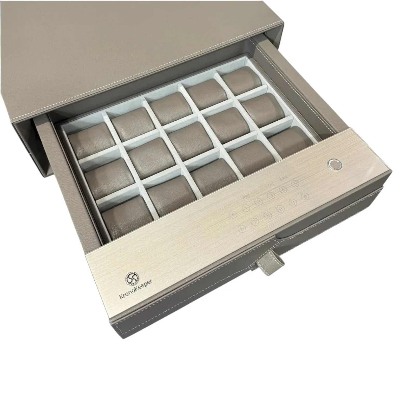 Coffre fort tiroir pour 15 montres – cuir vegan – KronoKeeper – Taupe - détail