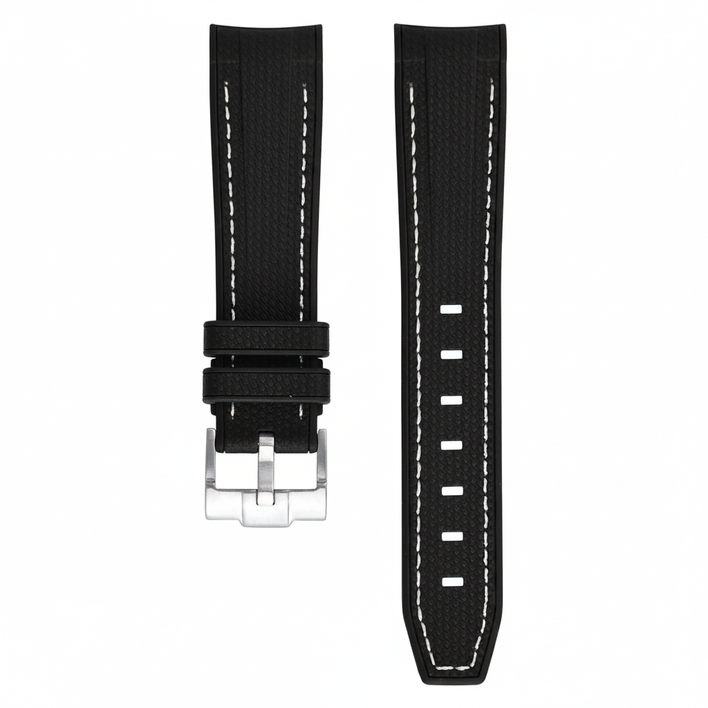 Bracelet en caoutchouc texturé pour Omega MoonSwatch - KronoKeeper - Noir coutures blanches