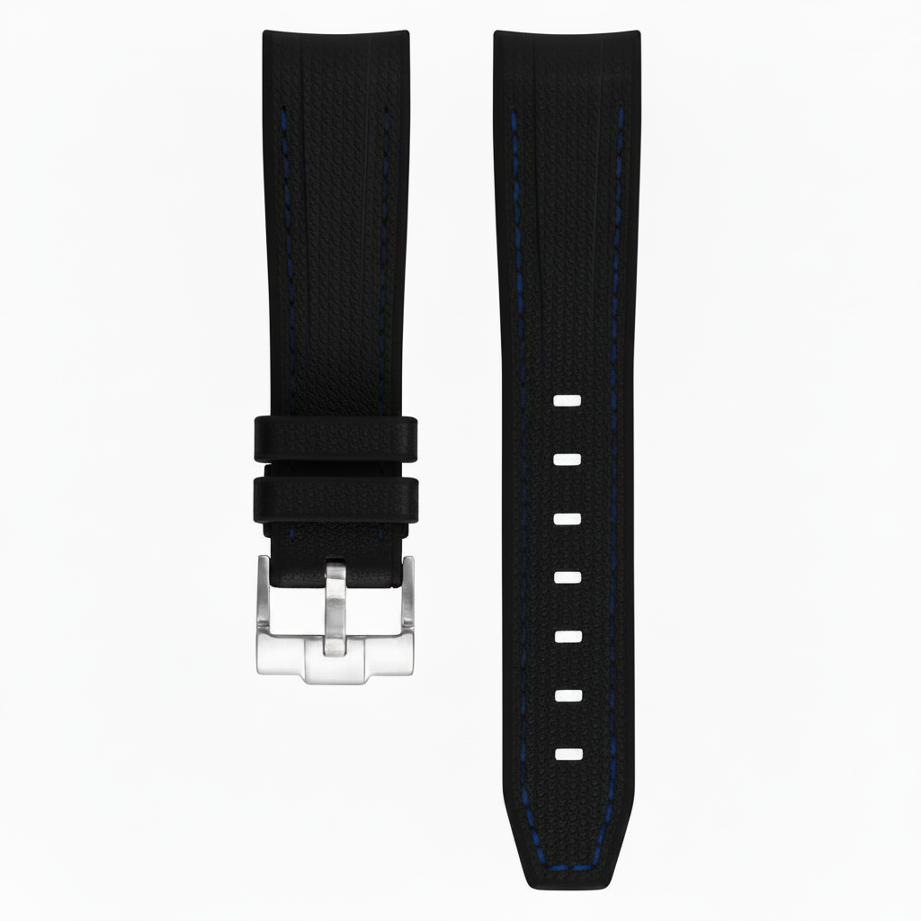 Bracelet en caoutchouc texturé pour Omega MoonSwatch - KronoKeeper - Noir coutures bleues