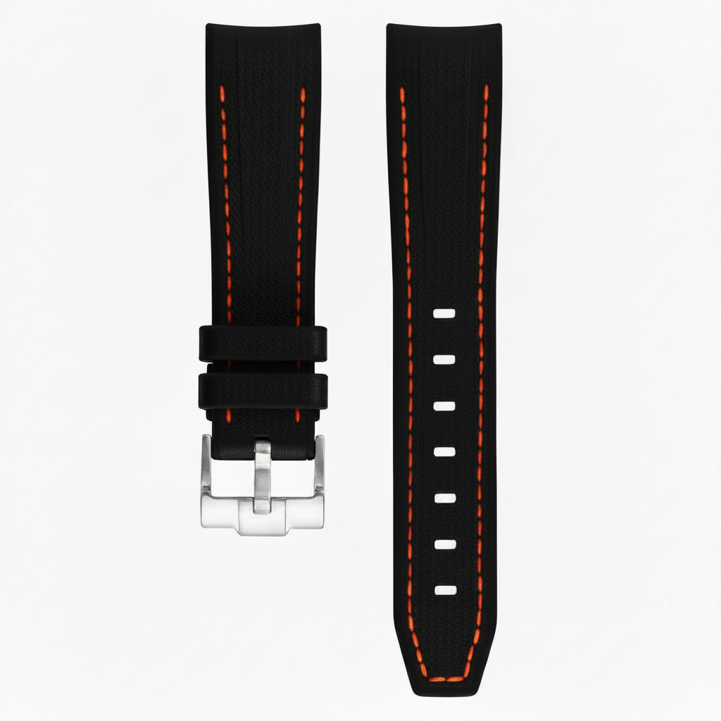 Bracelet en caoutchouc texturé pour Omega MoonSwatch - KronoKeeper - Noir coutures oranges