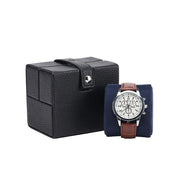 Écrin 1 montre KronoKeeper Oléron en cuir véritable noir fermé, montre posée sur son coussin amovible