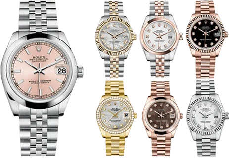 Montres de luxe avec bracelet Jubilee en métal, différents coloris et cadrans élégants.