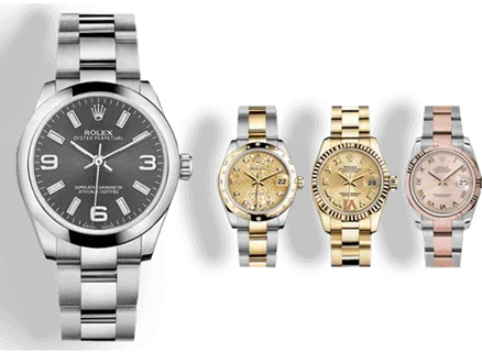 Quatre montres-bracelets Oyster en acier et métal noble, cadrans variés sur fond neutre.