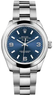 Montre bracelet acier, cadran bleu, index argentés, boîtier rond 34mm, style élégant.