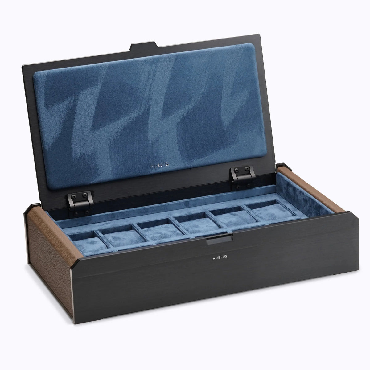 Coffret Aubliq Attention aluminium noir et cuir marron, ouvert, doublure bleu royal