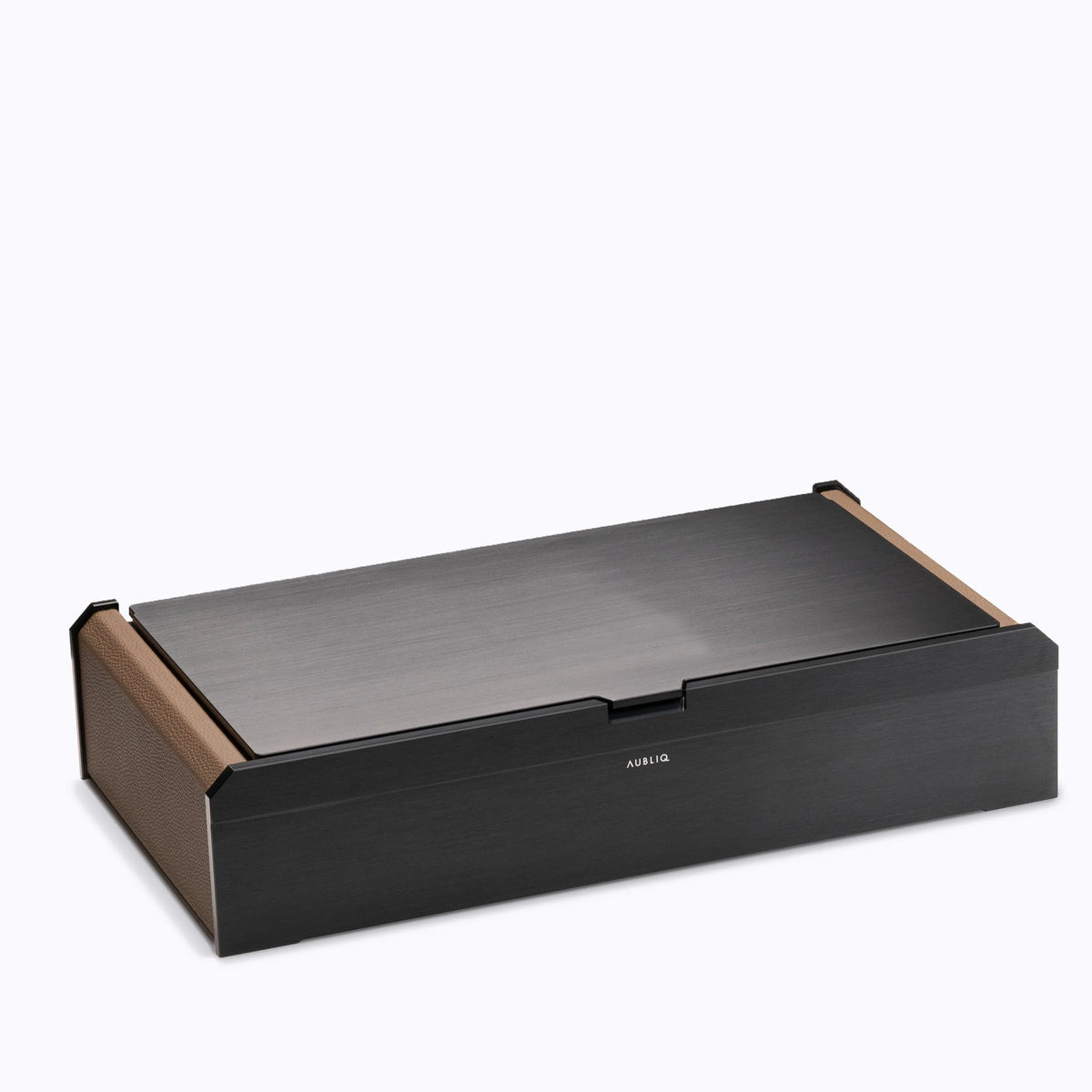 Coffret Aubliq Attention 10/12 montres en aluminium noir et cuir marron, fermé