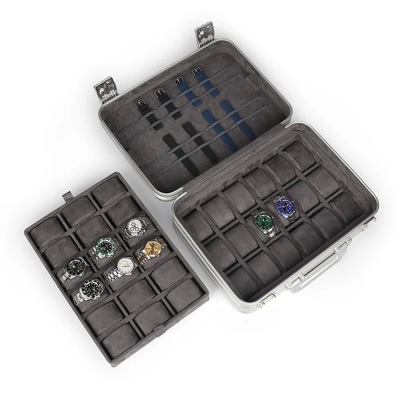 Valise en aluminium KronoKeeper 48 montres - deux plateaux sortis