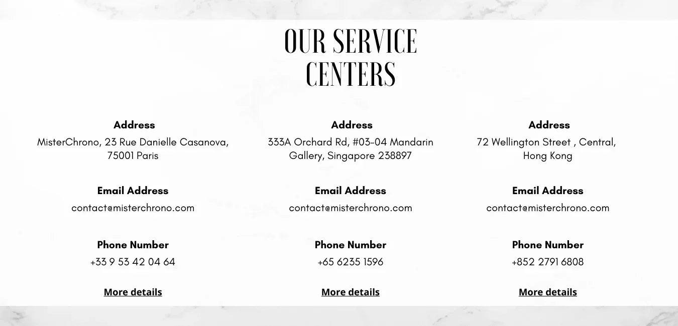 Centres de service pour bijoux et accessoires avec adresses à Paris, Singapour et Hong Kong.