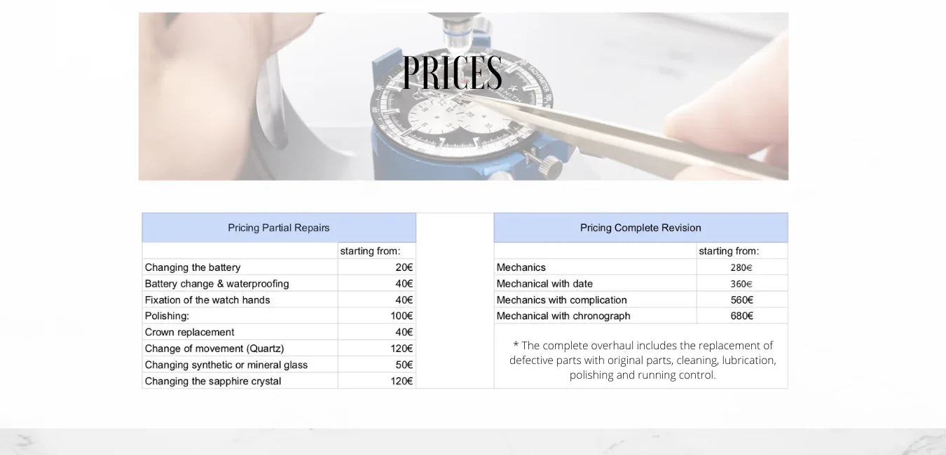 Tableau des prix de réparations et révisions de montres avec liste de services et tarifs.