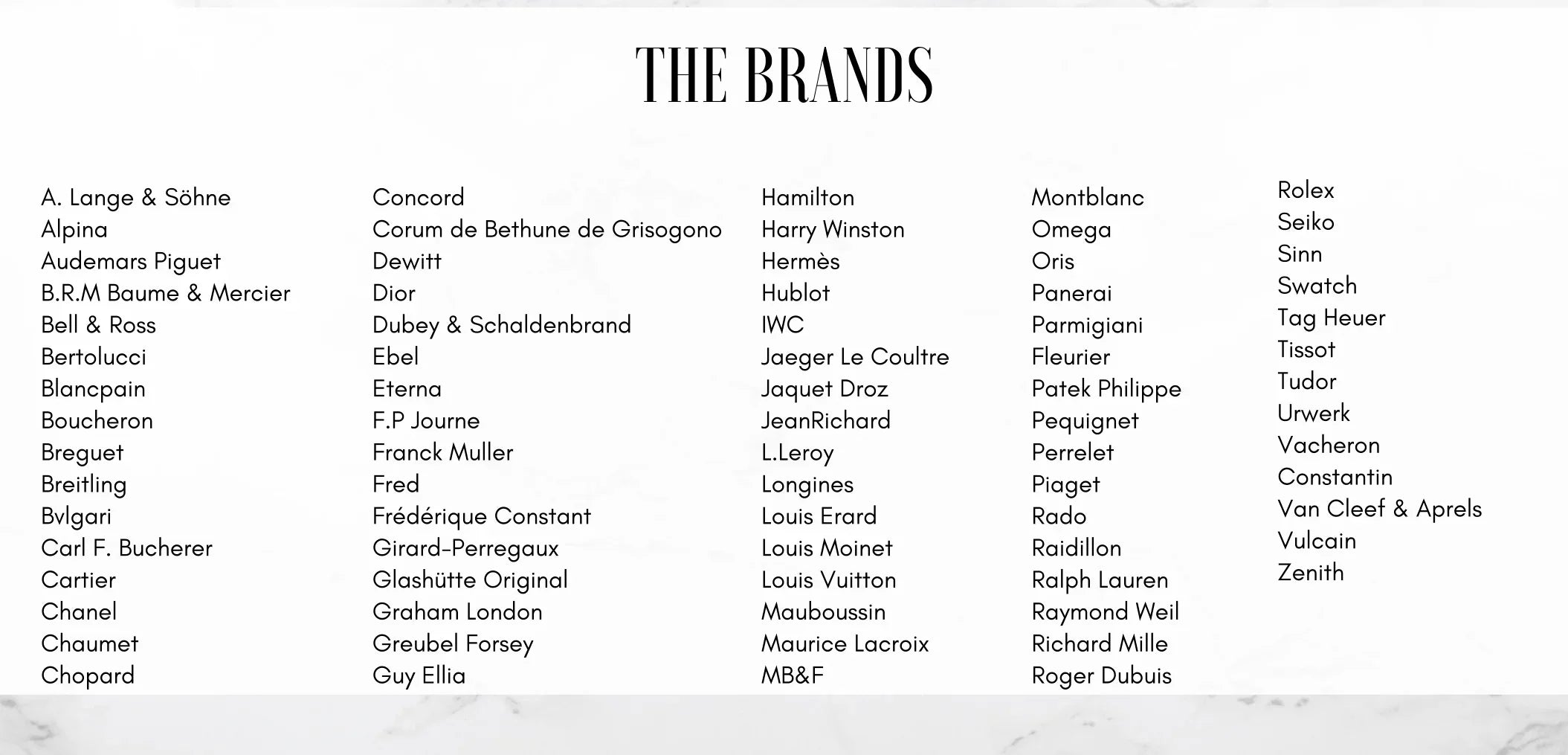 Liste des marques de montres et bijoux de luxe sur fond blanc, texte en noir.