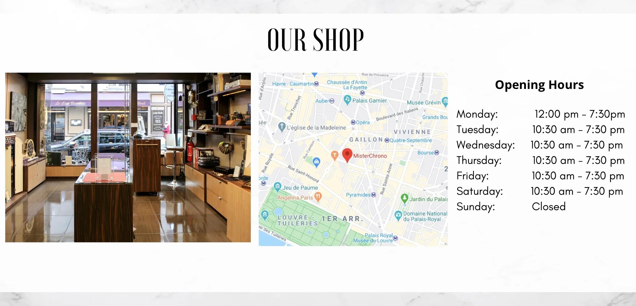 Intérieur de boutique d'accessoires et montres, plan de localisation, horaires d'ouverture affichés