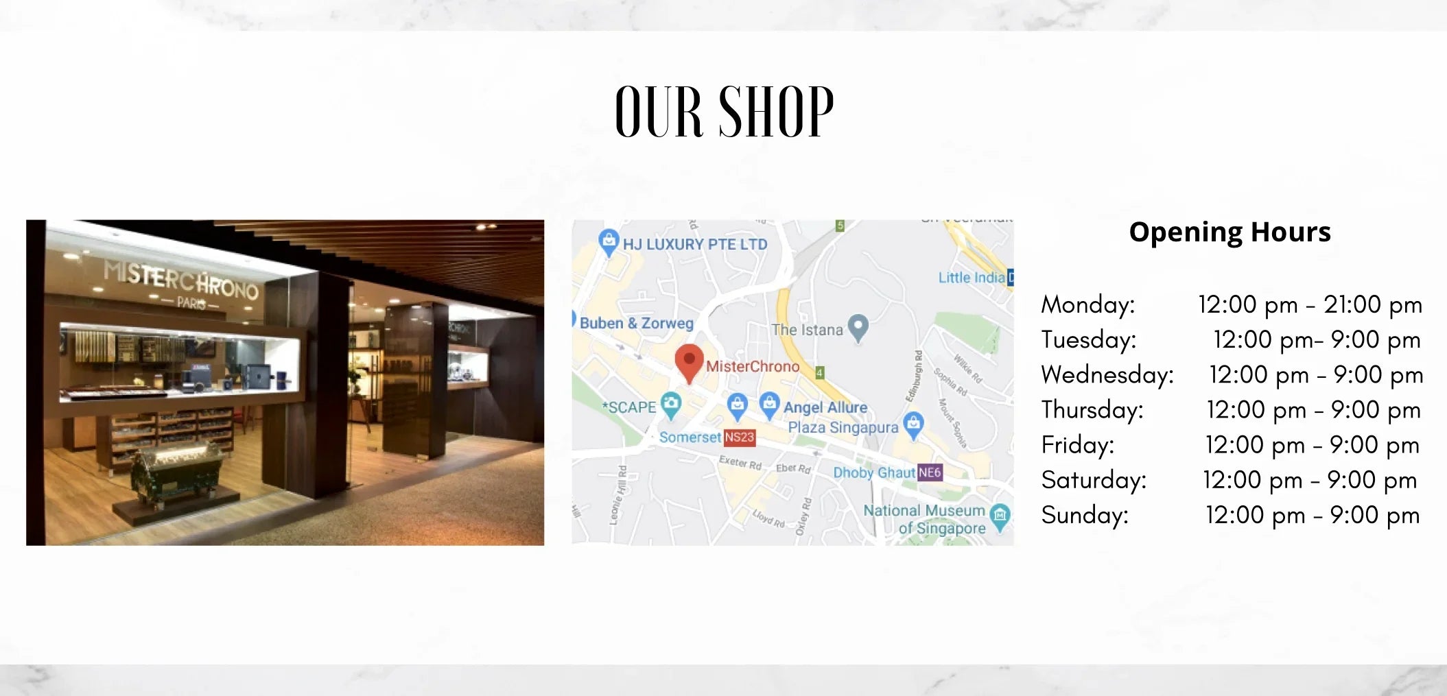 Boutique d’horlogerie moderne avec vitrine, carte de localisation et horaires d’ouverture affichés.