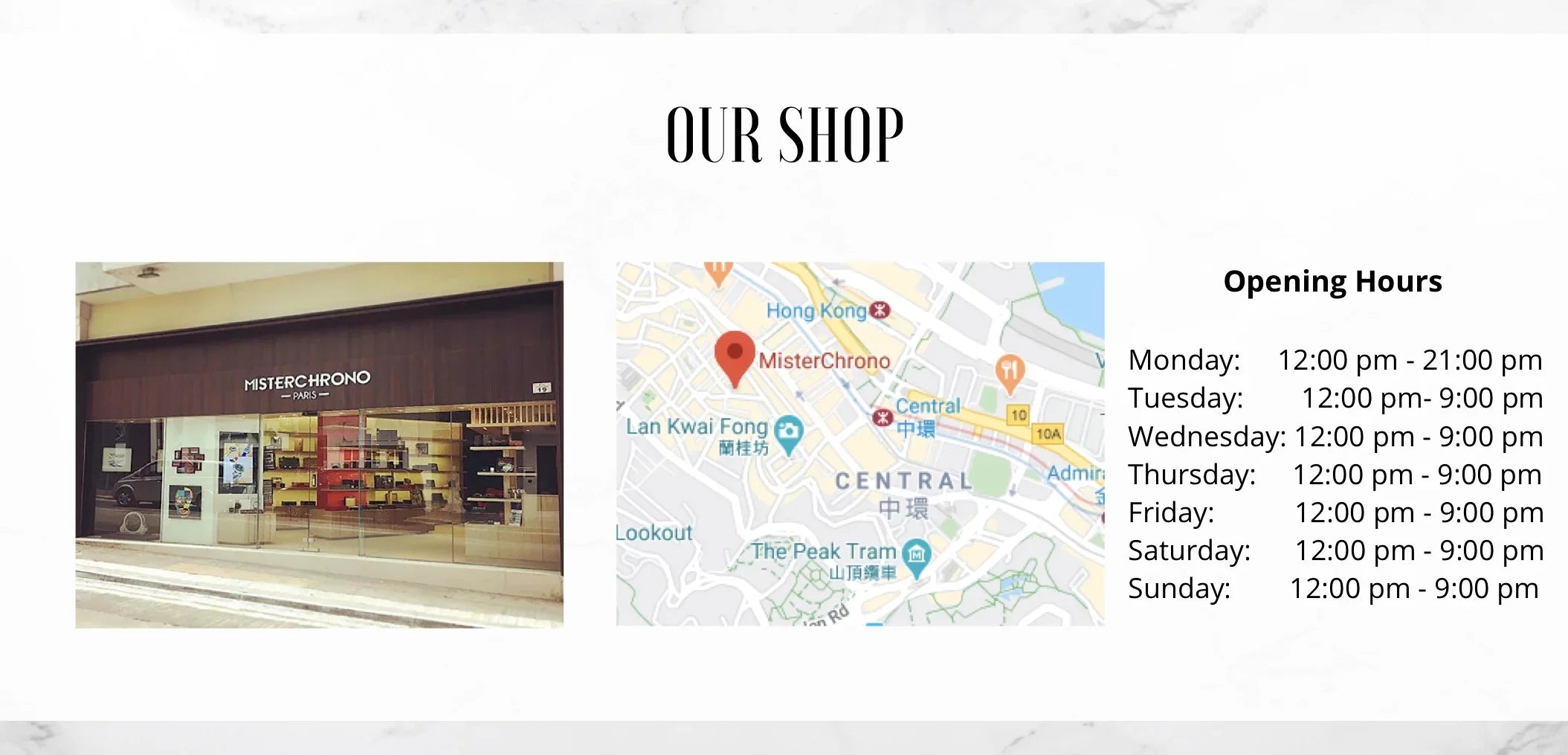 Façade de boutique de montres, carte Google Maps et horaires d'ouverture affichés
