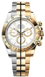Montre chronographe bicolore acier et or, cadran blanc avec trois sous-cadrans dorés.
