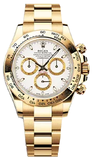 Montre chronographe en or jaune avec cadran blanc et bracelet Oyster, style luxe.