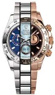 Bracelet Oyster acier et or pour montre de luxe chronographe, cadrans variés coupe composite