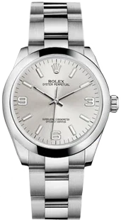 Montre acier inoxydable 34mm cadran argenté, index bâtons et chiffres, style classique