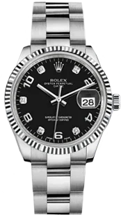 Montre acier cadran noir 34mm avec date, index diamants, bracelet métallique argenté