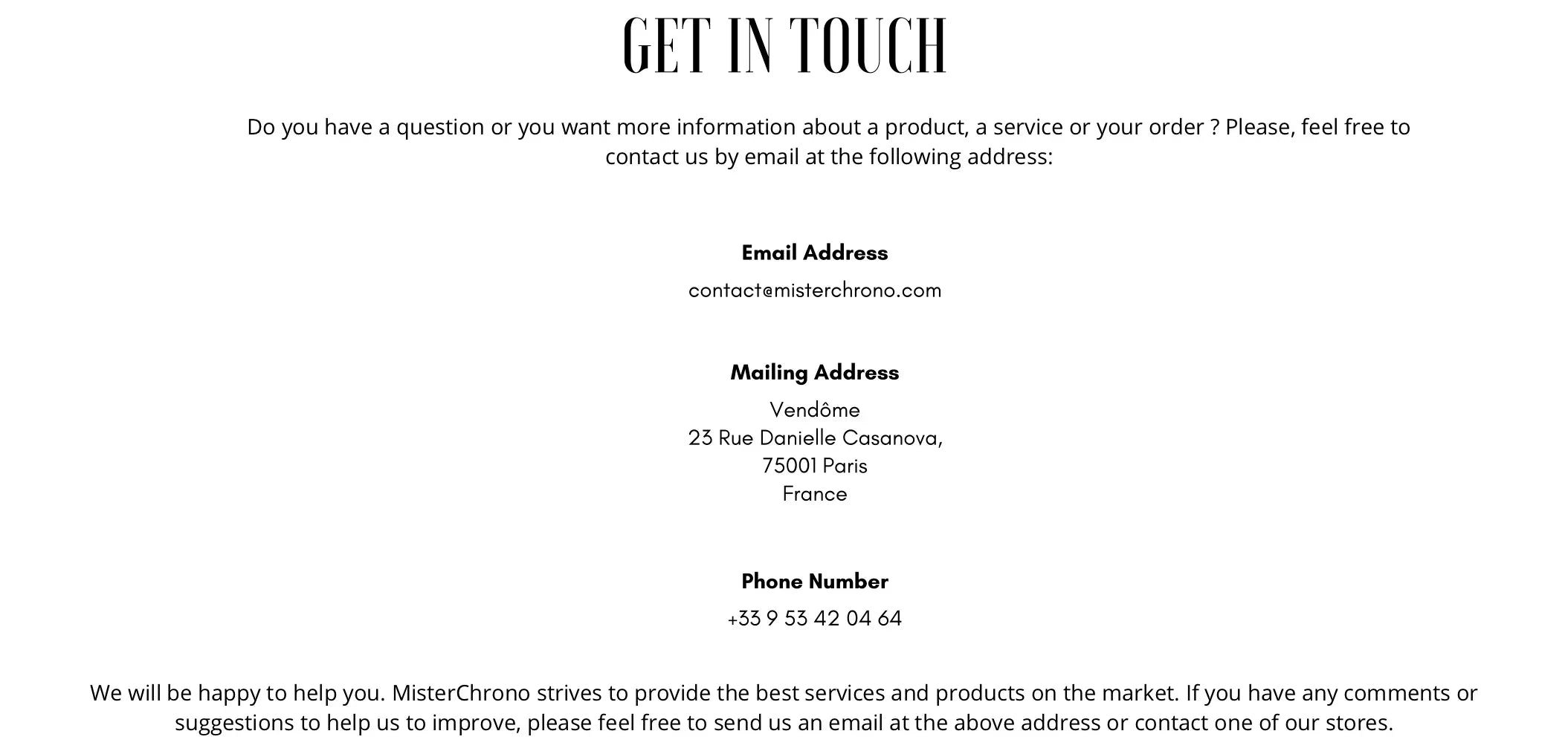 Page contactez-nous avec email, adresse postale à Paris et numéro de téléphone, informations contact service client.