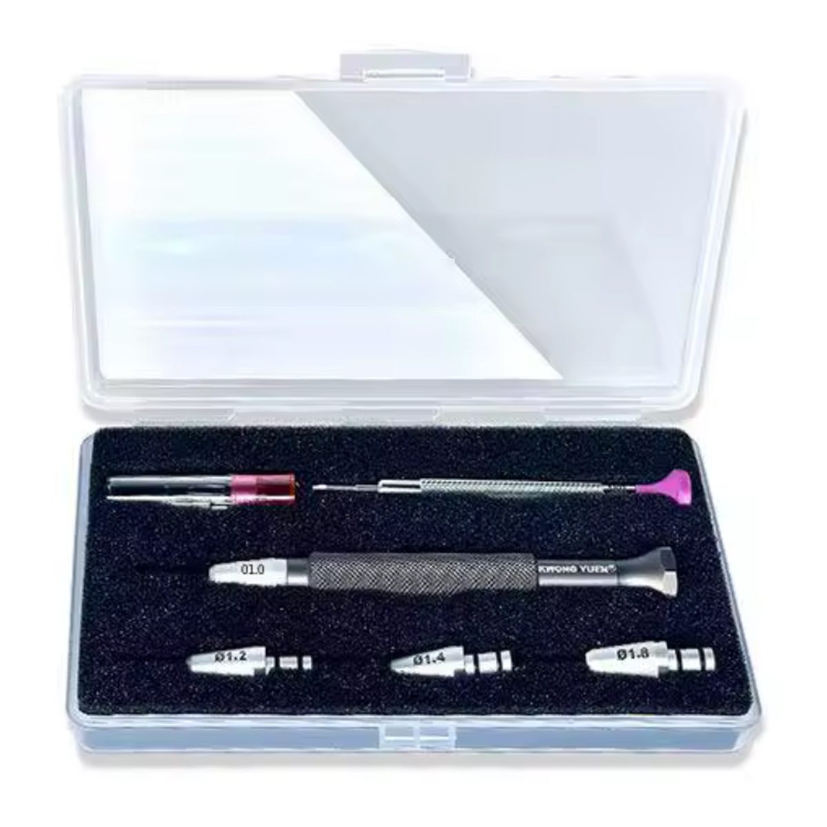 Coffret tournevis d'horloger à embouts interchangeables ouvert : manche, embouts 1,0 à 1,8 mm et tournevis 1,6 mm