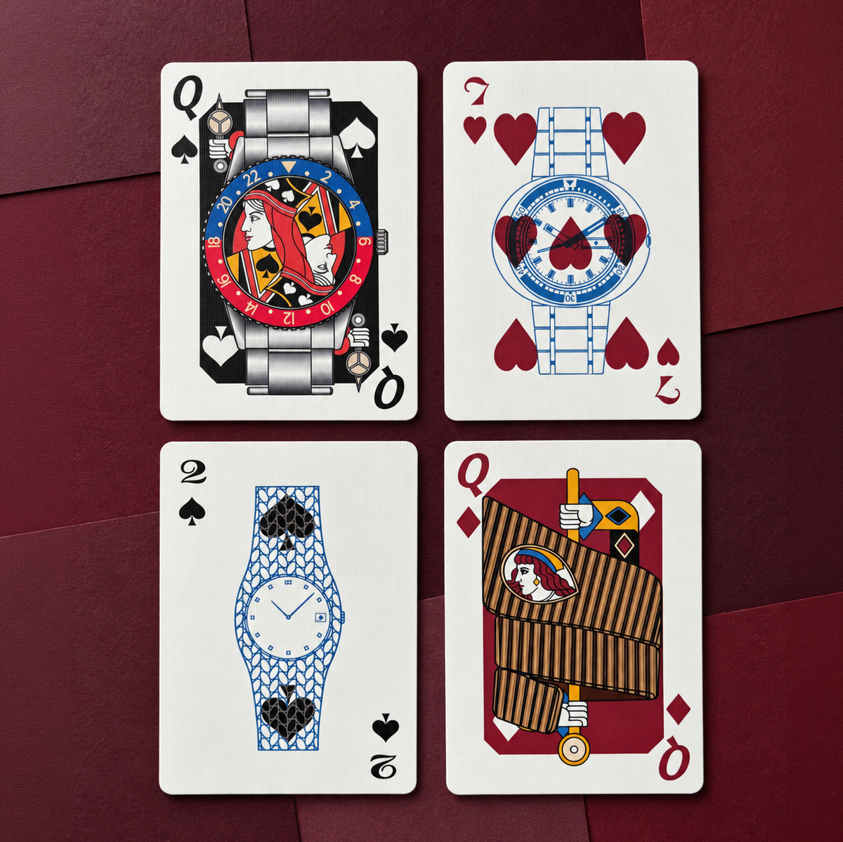 Vintage Watches – quatre cartes illustrées de montres vintage, figures et cartes numérales