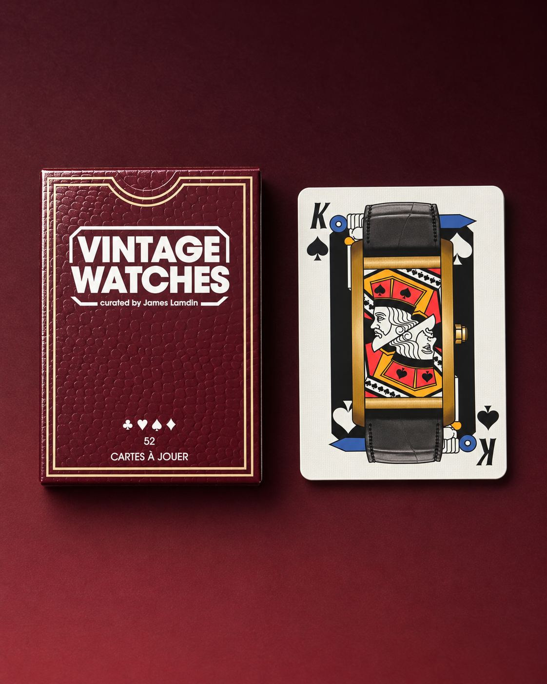 Vintage Watches – étui bordeaux et roi de pique illustré d'une montre vintage