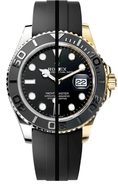 Montre Yacht-Master 42 avec cadran noir, bracelet Oysterflex et boîtier bicolore or et acier.