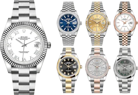 Montres de luxe pour homme avec bracelets métalliques, cadrans variés et affichage de la date.