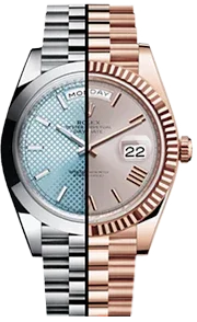 Montre de luxe bicolore, cadran argenté et bracelet moitié acier moitié or rose, affichage date