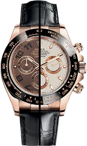 Montre chronographe de luxe, boîtier rose, cadrans bicolores, bracelet cuir noir