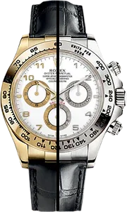 Montre chronographe de luxe bicolore avec cadran blanc et bracelet en cuir noir.