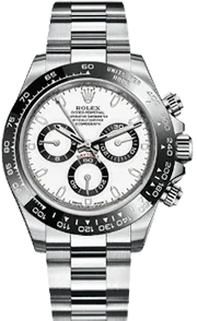 Montre chronographe acier cadran blanc, lunette céramique noire, bracelet métallique.