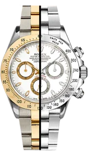Montre chronographe de luxe avec cadran blanc, bracelet acier et or, lunette dorée non céramique