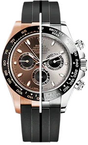 Montre chronographe bicolore avec cadrans noirs et argentés, bracelet noir Oysterflex.