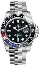 Montre GMT acier cadran noir, lunette céramique bicolore chiffres blancs, bracelet métal