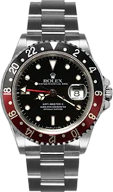 Montre GMT Master II acier, lunette bicolore rouge et noire, cadran noir, bracelet métal.