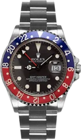 Montre GMT Master acier, cadran noir, lunette bicolore bleu et rouge, bracelet métal.