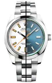 Montre automatique 40mm, cadran moitié blanc moitié bleu, bracelet acier, index orange.