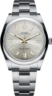 Montre acier 41mm cadran argent, index dorés, bracelet métallique, style élégant.