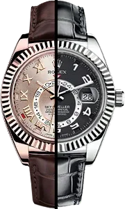 Montre de luxe bicolore avec bracelet cuir noir, cadran argenté et noir, affichage date