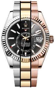 Montre de luxe bicolore cadran noir, boîtier acier et or rose, aiguilles et index lumineux