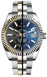 Montre Sky-Dweller bicolore, cadran noir et bleu, bracelet acier et or, affichage date