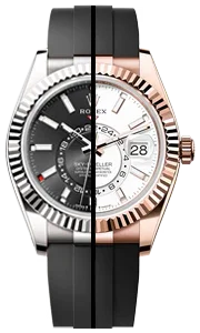 Montre de luxe Sky-Dweller bicolore avec bracelet noir Oysterflex et cadrans noir et blanc.