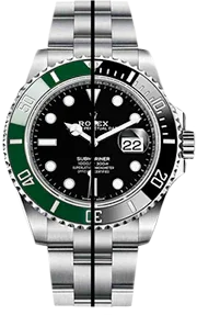 Montre de luxe 41mm avec lunette céramique verte, cadran noir et dateur, bracelet acier.