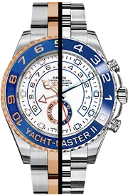 Montre Yacht-Master 44mm cadran blanc, lunette bleue, acier et or, chronographe sportif.
